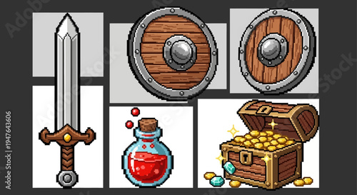 Pixel Art Fantasy Game Items: Sword, Shield, Potion, Treasure Chest with Gold Coins