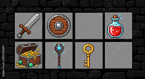 Pixel art fantasy RPG game assets collection, retro video game items