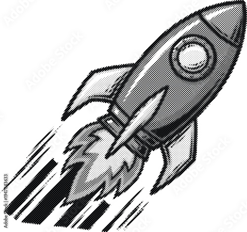 rocket launch halftone risograph space ship startup speed grunge retro offset print screentone pop