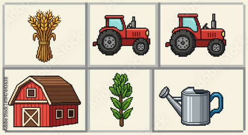 Pixel Art Farming Icons Set: Wheat, Tractor, Barn, Plant, and Watering Can Elements