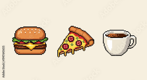 Pixel Art Fast Food and Coffee Icons Set for Retro Design