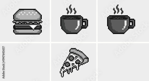 Pixel Art Fast Food Icons: Burger, Pizza Slice, and Coffee Cups
