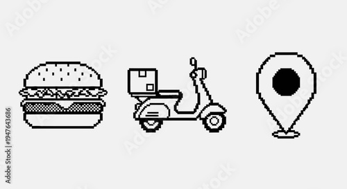 Pixel Art Food Delivery Icons: Burger, Scooter, Location Pin