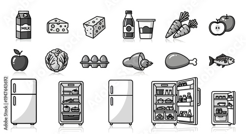 Pixel Art Food and Refrigerators Icons Set - Healthy Diet & Fresh Groceries