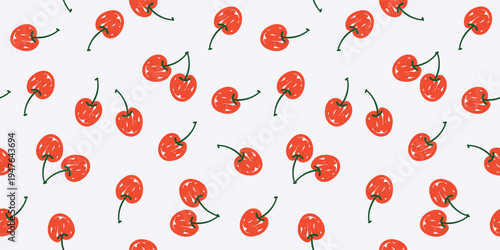 Seamless modern horizontal summer minimalistic bright fruit pattern with cherries on a white background; brush drawing, simple cute vector illustration, hand-drawn in flat style