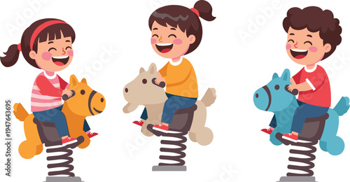 Children Playing on Spring Riders in Playground with Smiling Faces, Fun Outdoor Activity, and Joyful Childhood Moments Illustration