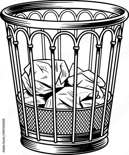Vintage Wire Mesh Trash Can Filled With Crumpled Paper Black And White waste