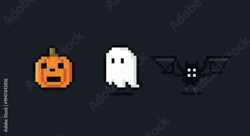 Pixel Art Halloween Icons: Pumpkin, Ghost, Bat on Dark Background