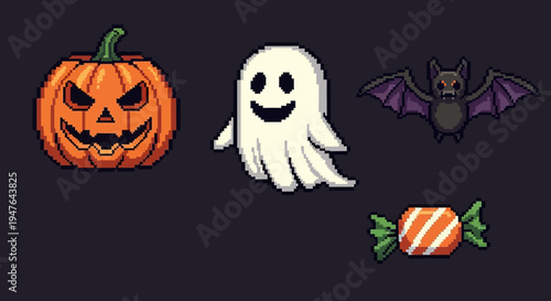 Pixel Art Halloween Icons Set: Spooky Ghost, Jack-o'-Lantern, Bat, and Candy