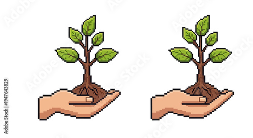 Pixel Art Hands Holding Young Plant Sprouts, Growth Concept