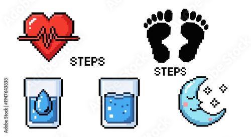 Pixel Art Health Icons: Heartbeat, Footprints, Water, Sleep Moon