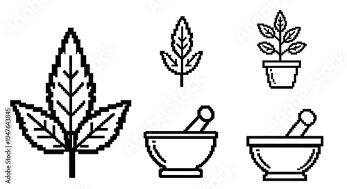 Pixel Art Herbs and Mortar Icons: Herbalism, Botany, and Natural Medicine