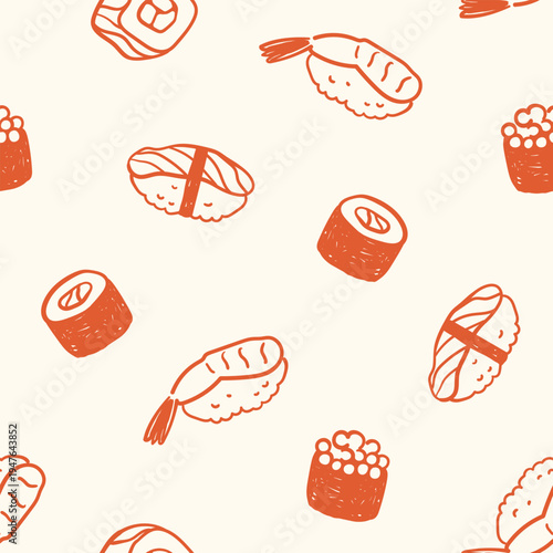 Seamless monochrome red pattern of rolls and sushi on a white background; traditional Japanese dish, Asian cuisine; brush drawing, simple cute vector illustration, hand-drawn in a flat style