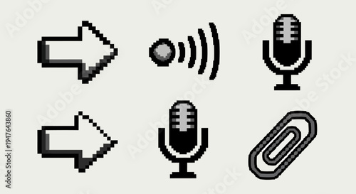 Pixel Art Icons: Arrows, Microphone, Wi-Fi Signal, Paperclip