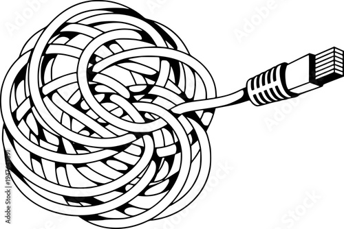 Tangled network cable forming a complex knot with R J45 connector white background