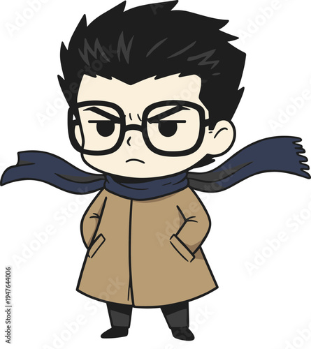 Cute chibi detective boy character with glasses and scarf, cartoon mystery investigator mascot illustration, kawaii anime style design