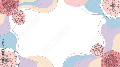 Pastel Floral Background with Abstract Shapes and Hand Drawn Line Art Roses for Romantic Wedding Invitations and Elegant Greeting Cards