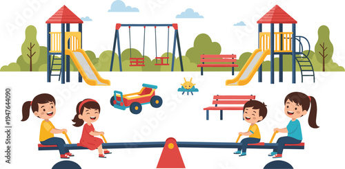 Kids Playing on Playground with Seesaw, Swing, Slide, and Toy Car in Outdoor Park for Childhood, Fun, and Recreation Illustration