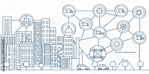 Smart city logistics network connecting buildings transport and data streams