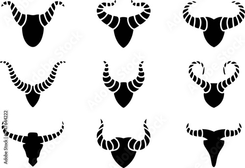 Collection of Black Stylized Animal Horn Silhouettes White Background horns