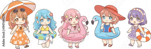Cute chibi summer girls collection, kawaii anime beach characters with float rings and hats, adorable pastel cartoon illustration set