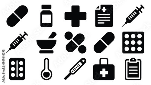 Medical pharmacy icons set including pills syringes and healthcare symbols in black silhouette on white background for health and wellness concepts