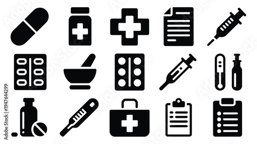 Medical icons set including pills syringe clipboard and first aid kit on white background for healthcare and pharmacy design