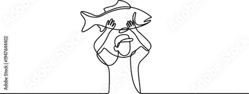 fisherman showing big fish. one line art icon drawing vector