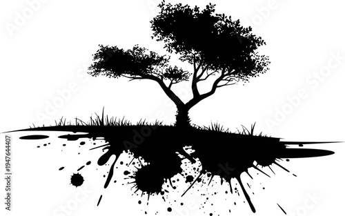 Black silhouette of a solitary tree with detailed leaves and grass a white background