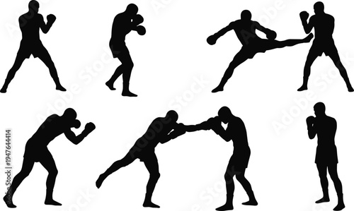 Boxing silhouettes with fighters in action, martial arts training poses, kickboxing men, combat sport illustration vector, athletes practicing fight techniques, black silhouette design