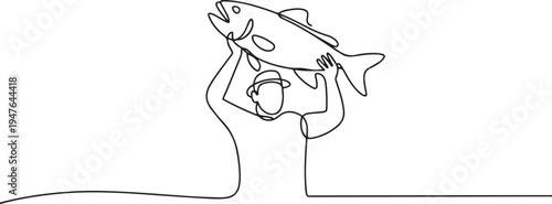 fisherman showing big fish. one line art icon drawing vector