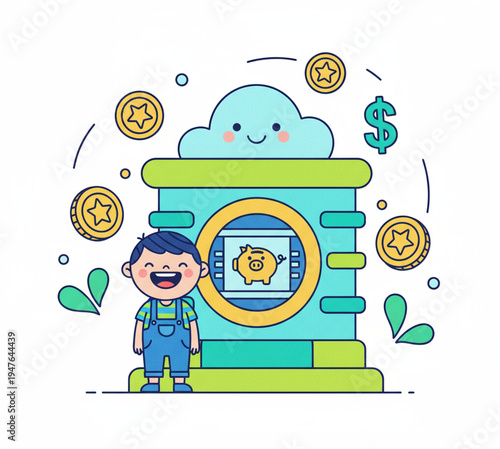 Children happily operating and buying from a colorful lemonade stand on a bright, playful background