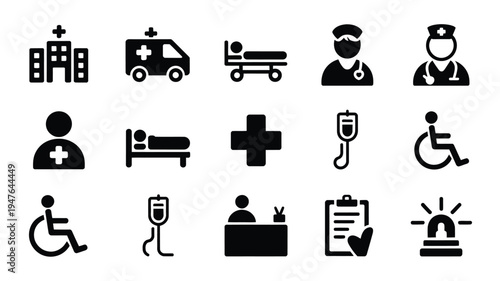 Healthcare and hospital symbols including medical staff patients and equipment icons pack