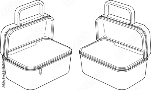 Cad drawing flat vector illustration of open travel storage bag, cosmetic case, makeup organizer, portable container, accessory box, design sketch