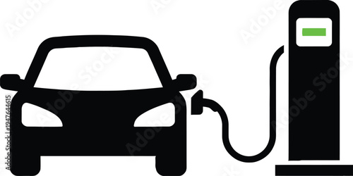 Black silhouette vector illustration of a gas pump nozzle at a gas station for car fuel and electric vehicle transport travel sign icons