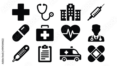 Medical icons set including hospital doctor ambulance and health symbols in black on white background