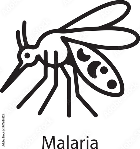 Malaria Mosquito Vector Icon Illustration with Black Outline and White Fill, Depicting a Single Insect for Health, Disease, and Pest Control Designs