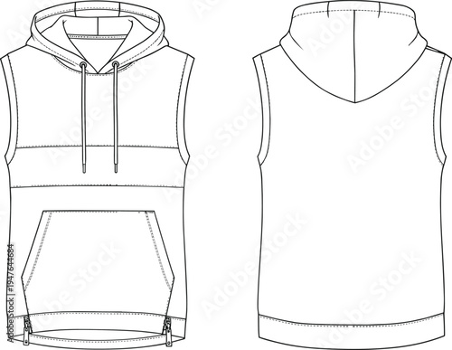 Cad drawing flat vector illustration of sleeveless hoodie, fashion garment, sportswear design, casual clothing template, front back view sketch