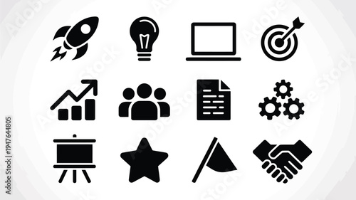 Business strategy icons set including rocket light bulb target graph teamwork gears presentation handshake star flag document laptop and bullseye on white background for marketing