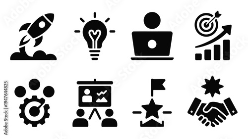 Business startup logo set with icons for entrepreneurship growth and success on white background