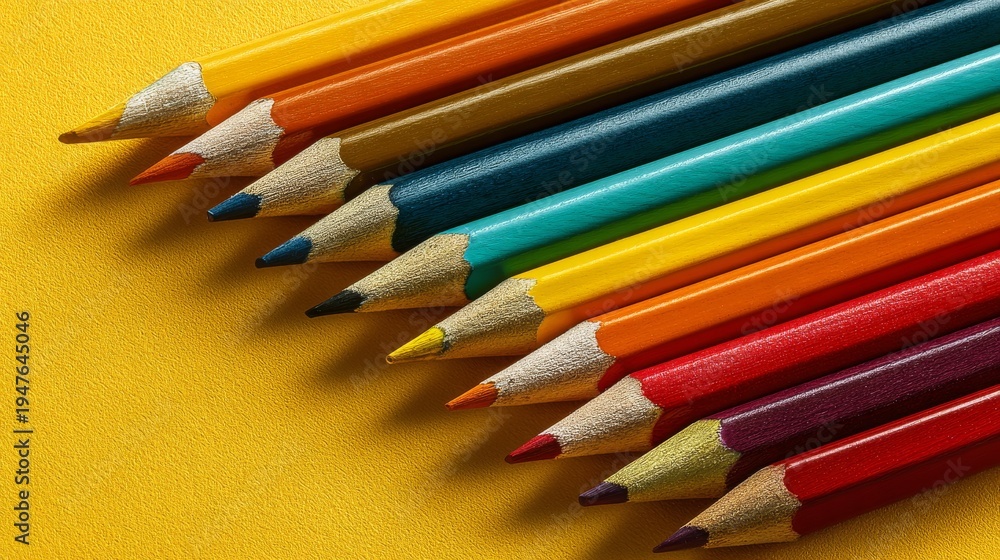 Obraz premium Colorful sharpened pencils arranged in vibrant pattern on bright yellow background, creative education supplies layout, artistic stationery composition for design mockup, back to school concept and co