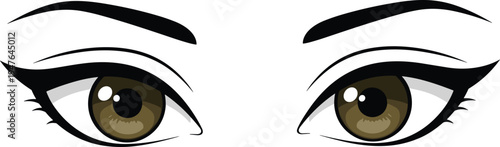 Female anime eyes illustration, expressive brown eyes with eyebrows and eyeliner, manga style eye design vector isolated