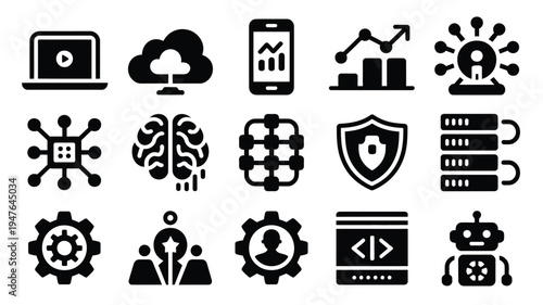 Business technology silhouette bundle icons for marketing data analysis and cybersecurity concepts