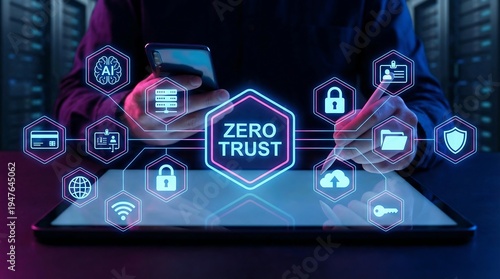 A person interacts with a smartphone and tablet, displaying a 