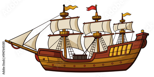 Spanish treasure galleon isolated on white background, 16th–18th century treasure ship, gold and silver transport, colonial trade vessel, Manila galleon, Spanish fleet ship, historical maritime