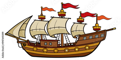 Spanish treasure galleon isolated on white background, 16th–18th century treasure ship, gold and silver transport, colonial trade vessel, Manila galleon, Spanish fleet ship, historical maritime