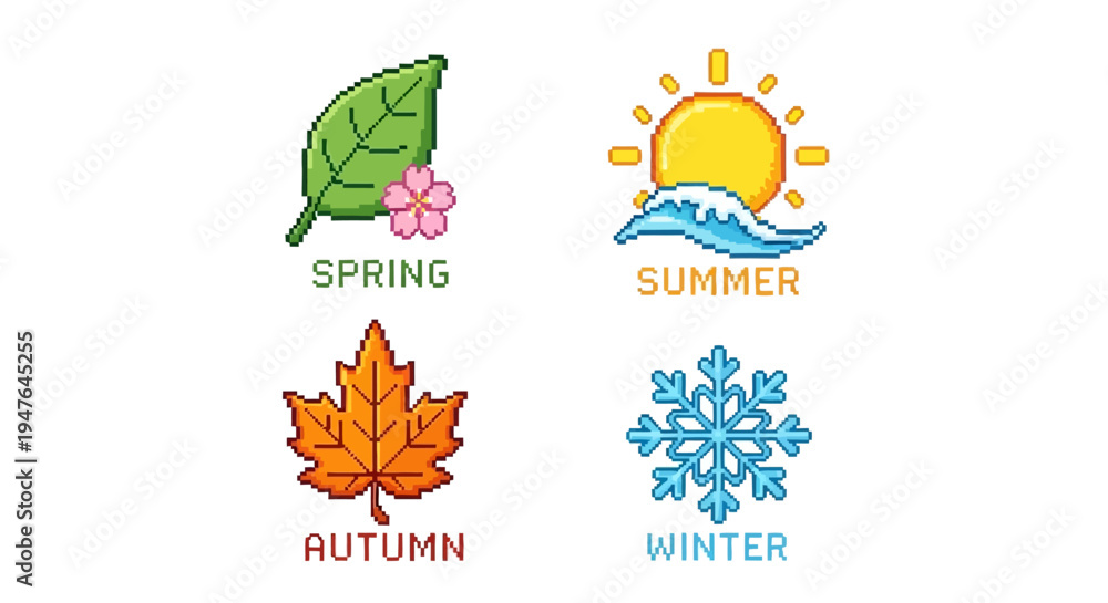 Obraz premium Pixel Art Seasons Icons: Spring, Summer, Autumn, Winter - White Background
