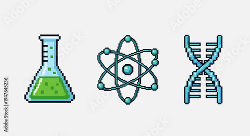 Pixel Art Science Icons: Flask, Atom, and DNA on White Background