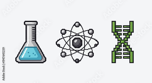 Pixel Art Science Icons: Flask, Atom, DNA Strand