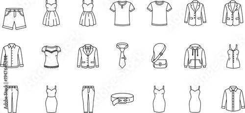 CAD drawing flat vector illustration, clothing fashion icons, apparel design set, shirt dress pants jacket hoodie blouse skirt accessories
